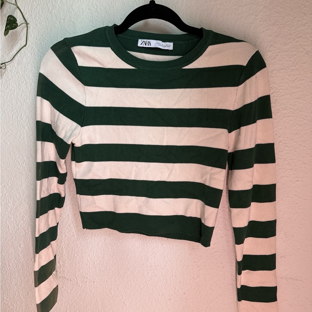 Zara Forest Green and Cream Striped Top